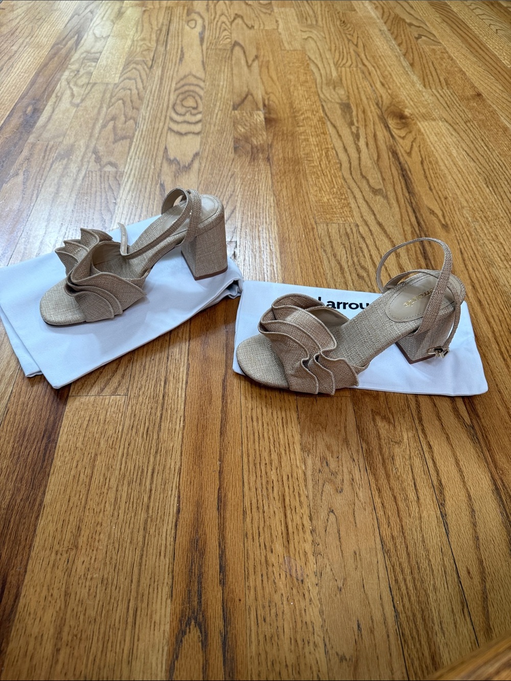Larroude Beige Ruffle Slingback Block Heels